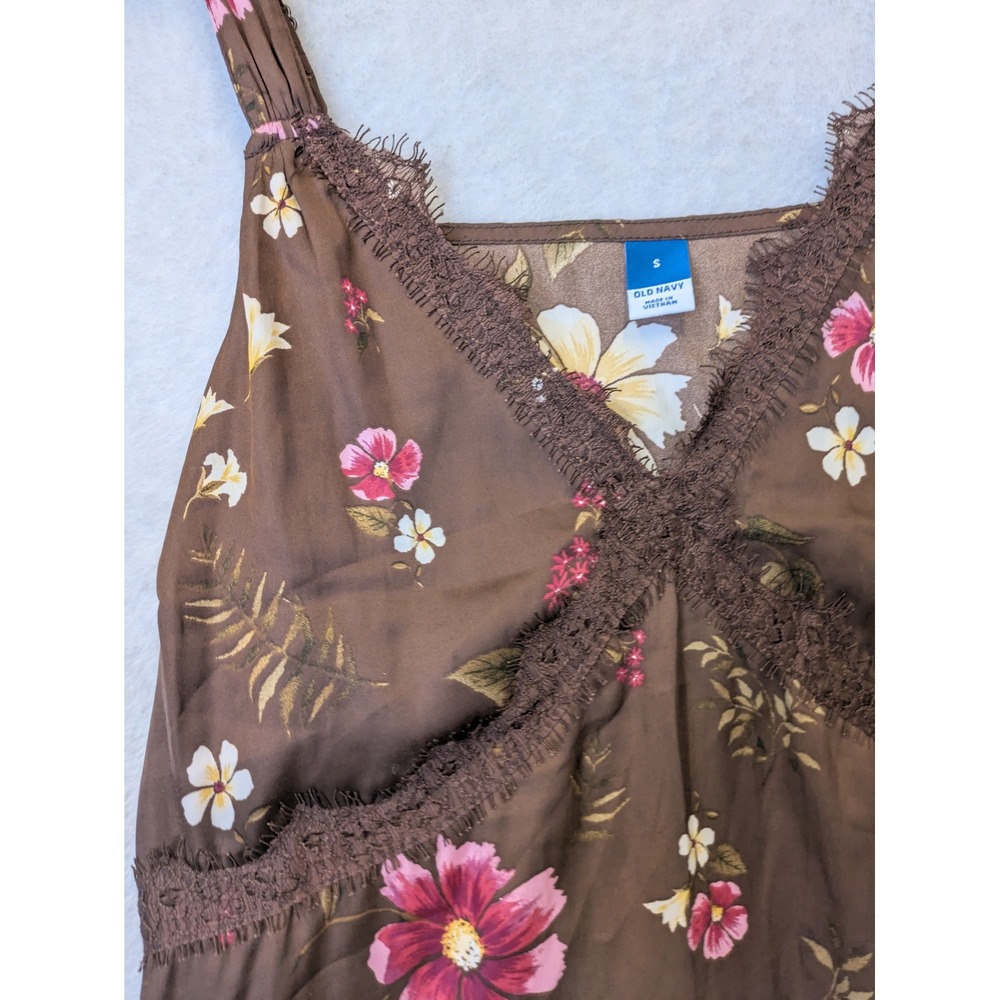 Old Navy Camisole Women's Small Brown Floral Lace Trim V-Neck Boho Tank Top - Picture 3 of 9